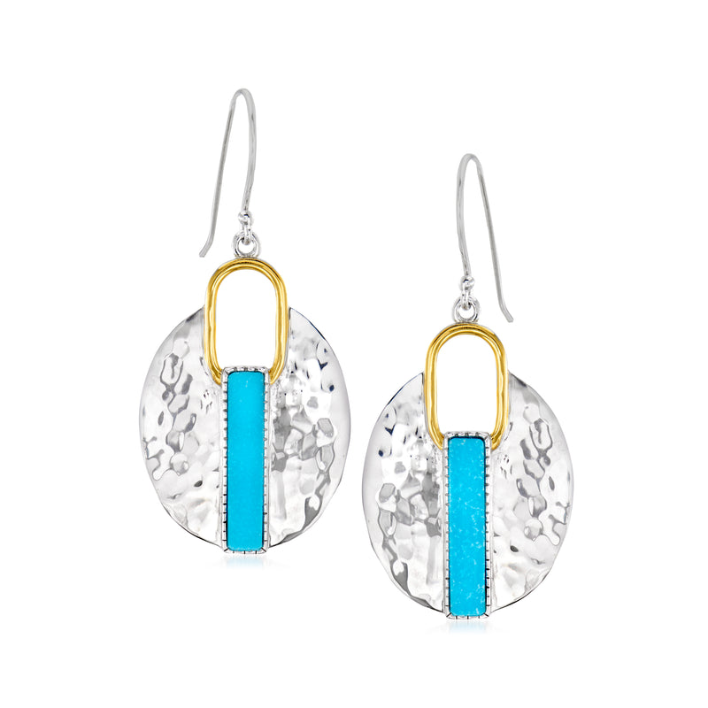 Two-tone sterling silver drop earrings with turquoise bar and hammered oval discs