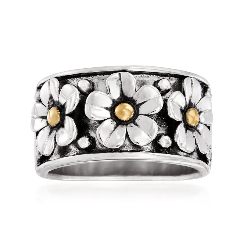 Sterling silver multi-flower ring with yellow gold centers, domed raised petals
