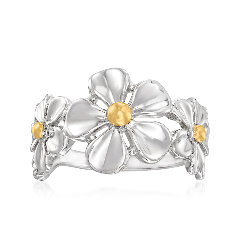 Sterling silver multi-flower ring with three yellow-gold center petals