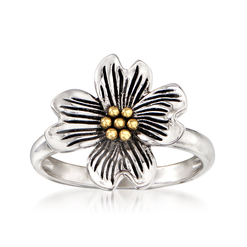 Sterling silver flower ring with 14kt yellow gold center and three gold bead accents