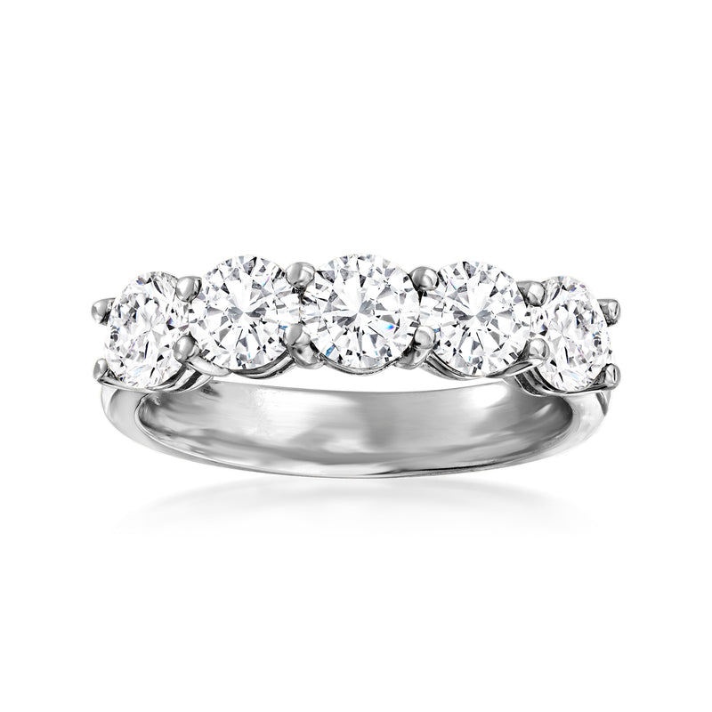 White gold five-stone diamond ring with round center stone and four side diamonds