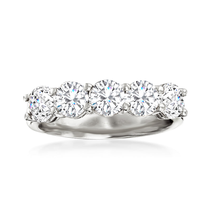 White gold five-stone diamond ring with a row of five round diamonds on polished band