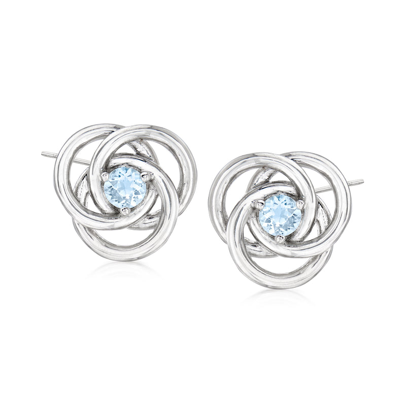 Sterling silver love knot stud earrings with round aquamarine crystal, post backs