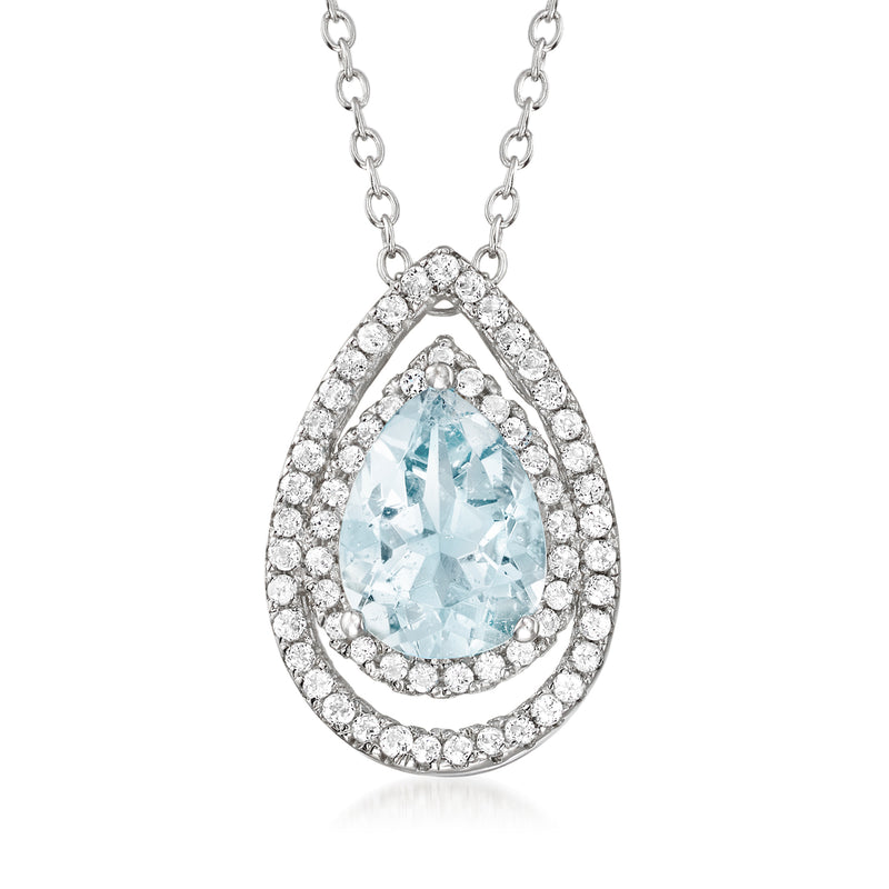 Sterling silver pear-shaped aquamarine pendant with white topaz halo and chain