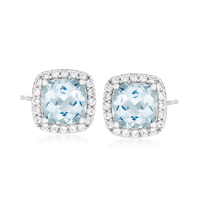 Sterling silver stud earrings with cushion-cut aquamarine and halo of white topaz stones