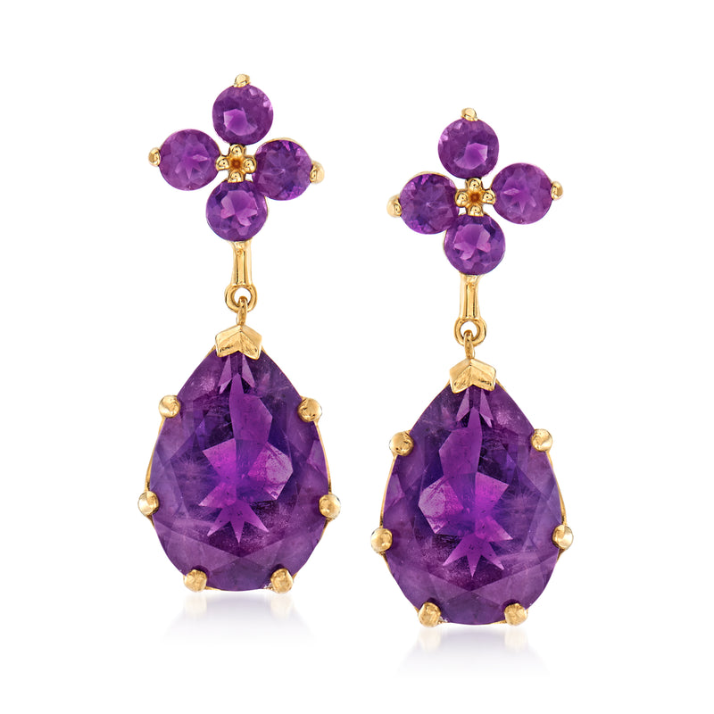 Amethyst drop earrings in 14kt yellow gold with purple pear and round stone drops