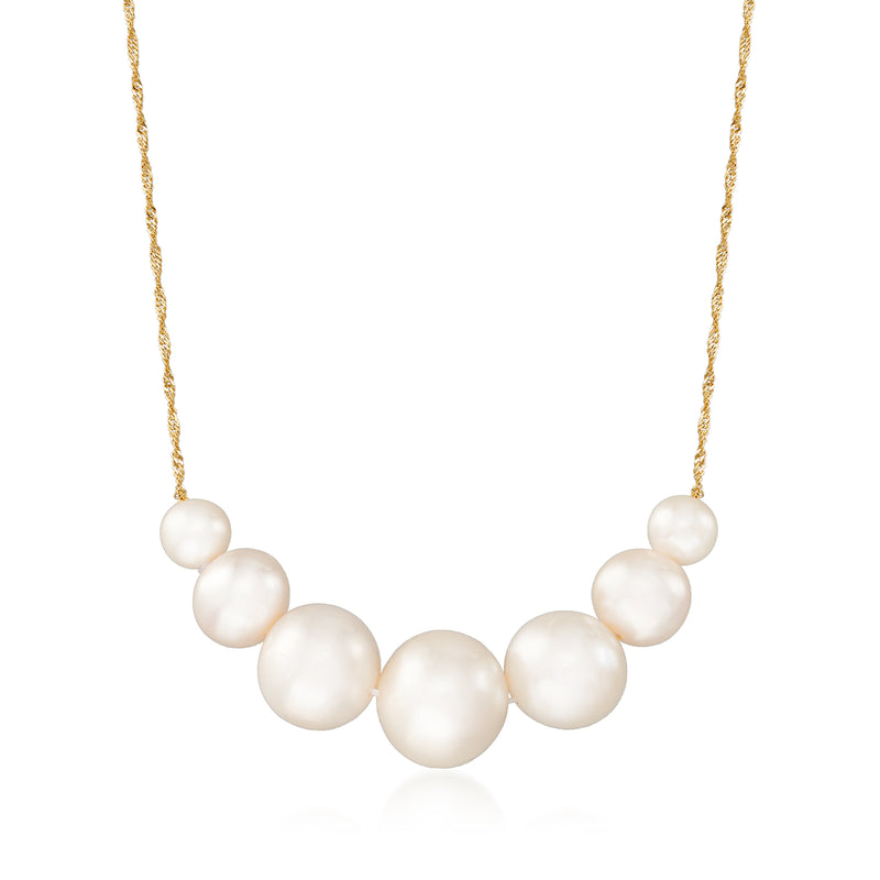 Yellow gold cultured pearl graduated necklace with round white pearls