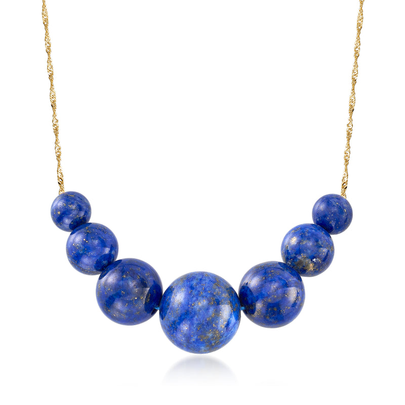 14kt yellow gold lapis graduated bead necklace, round blue stones on link chain