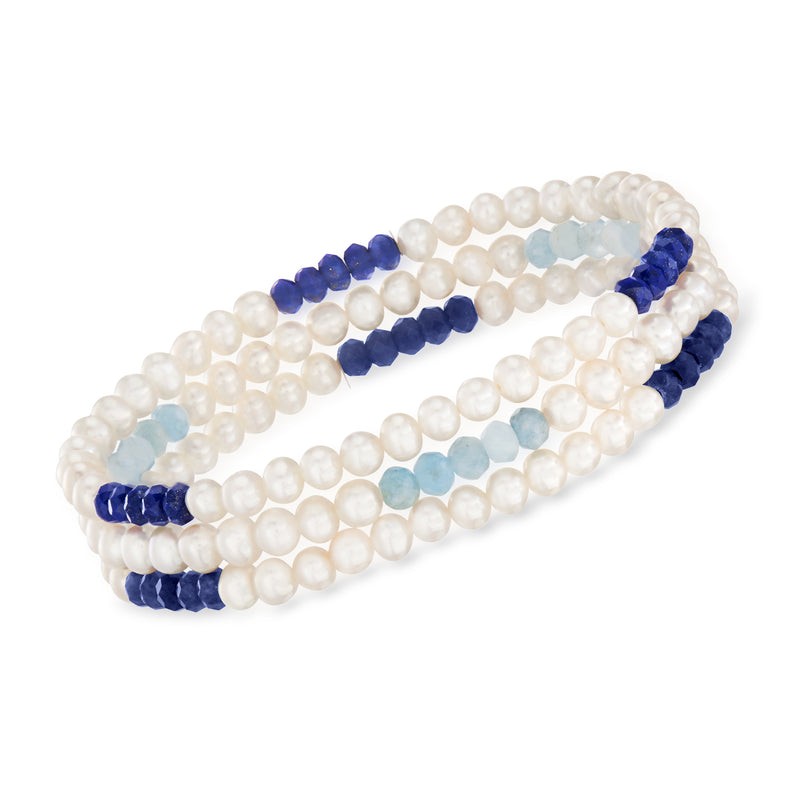 Three stretch pearl and bead bracelets with blue and light blue gemstone accents