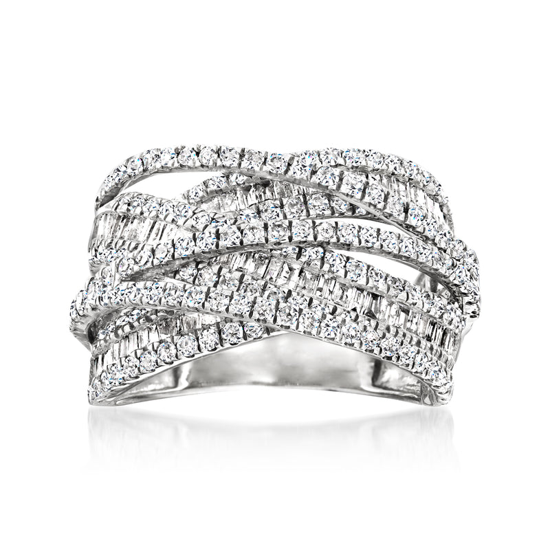 14kt white gold diamond highway ring with round and baguette stones, wide three-row band