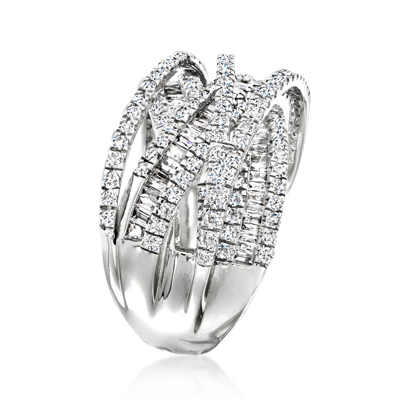 White gold diamond highway ring with clustered baguette and round stones, wide band