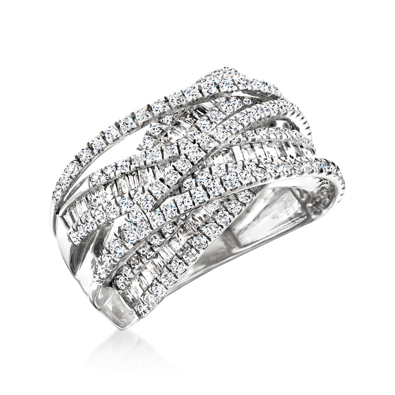 White gold round and baguette diamond highway ring, multi-row sparkle band