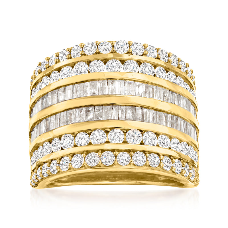 Gold over sterling multi-row diamond ring with baguette and round stones, polished band