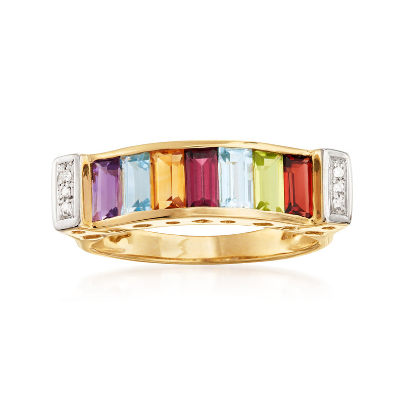14kt yellow gold multi-gemstone band ring with diamond side accents