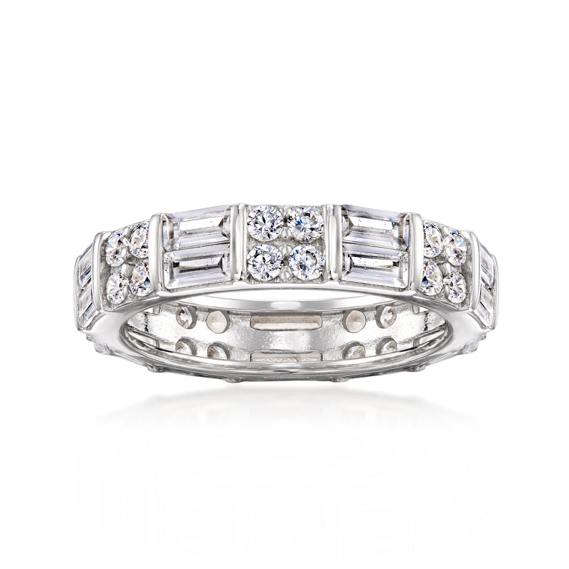 Sterling silver eternity ring with baguette and round CZ stones, top view