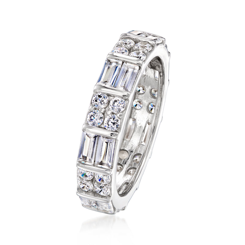 Sterling silver eternity ring with baguette and round CZ stones, side view