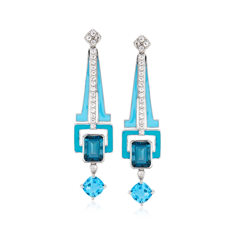 Sterling silver drop earrings with blue enamel, square settings, and blue topaz drops