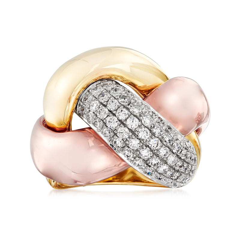 Diamond knot ring in tri-colored gold with pavé diamond center