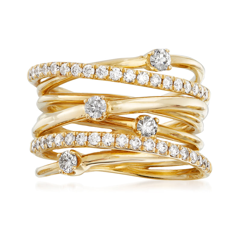14kt yellow gold diamond station ring with round stones and two bands