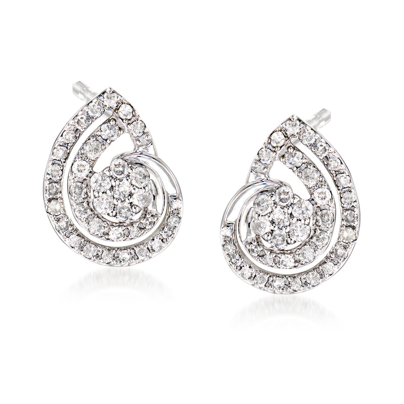 Sterling silver seashell diamond earrings with post backs, teardrop halo design
