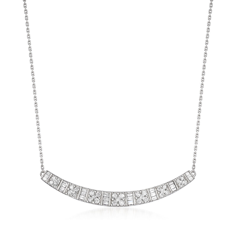 Sterling silver diamond curved bar necklace with pavé and baguette accents