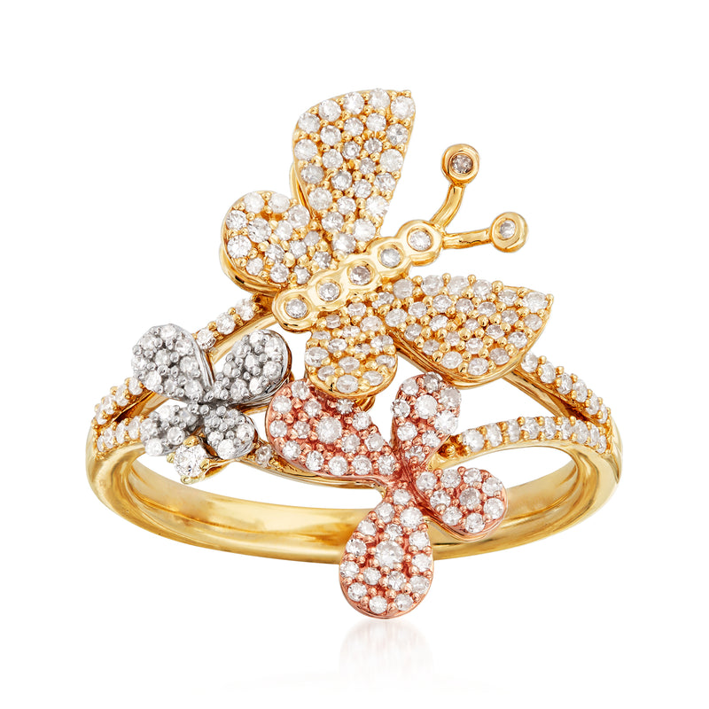 Diamond butterfly ring in tri-colored gold with three diamond-set butterfly motifs