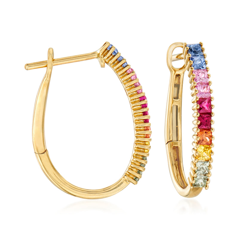 14kt yellow gold hoop earrings with multicolored gemstone pave and hinge back