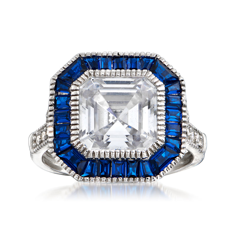 Sterling silver ring with square CZ center, blue simulated sapphire halo, split bands