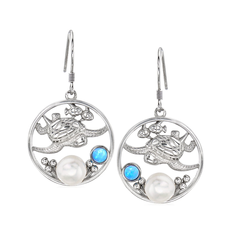 Sterling silver drop earrings with cultured button pearl and blue opal accents, fish motif