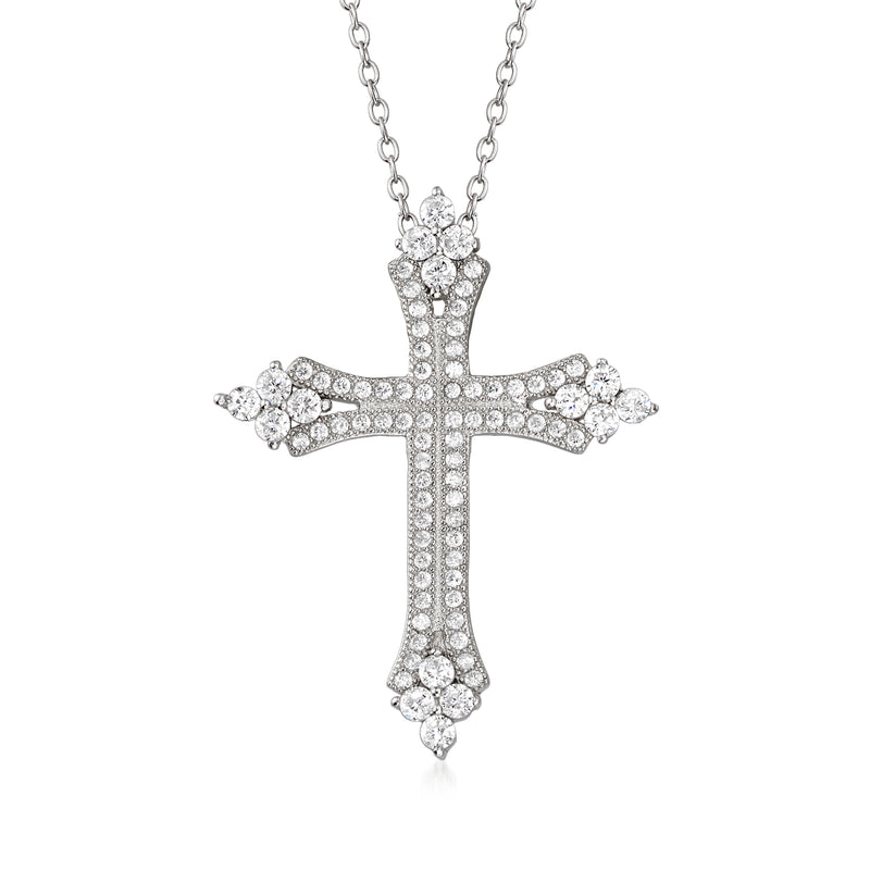 Sterling silver CZ cross pendant necklace with round clear stone detailing