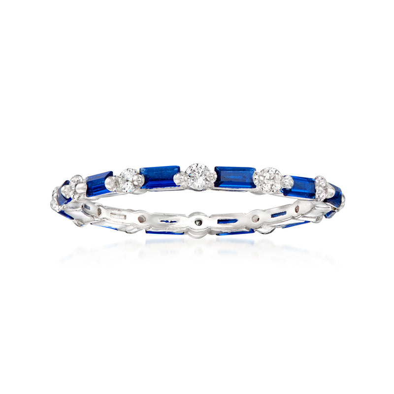 Sterling silver eternity band with blue simulated sapphire and clear CZ stones