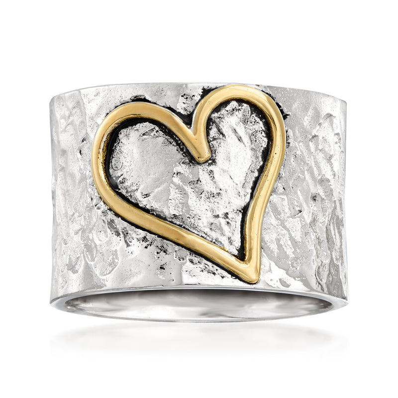 Hammered silver heart ring with 14kt yellow gold heart frame