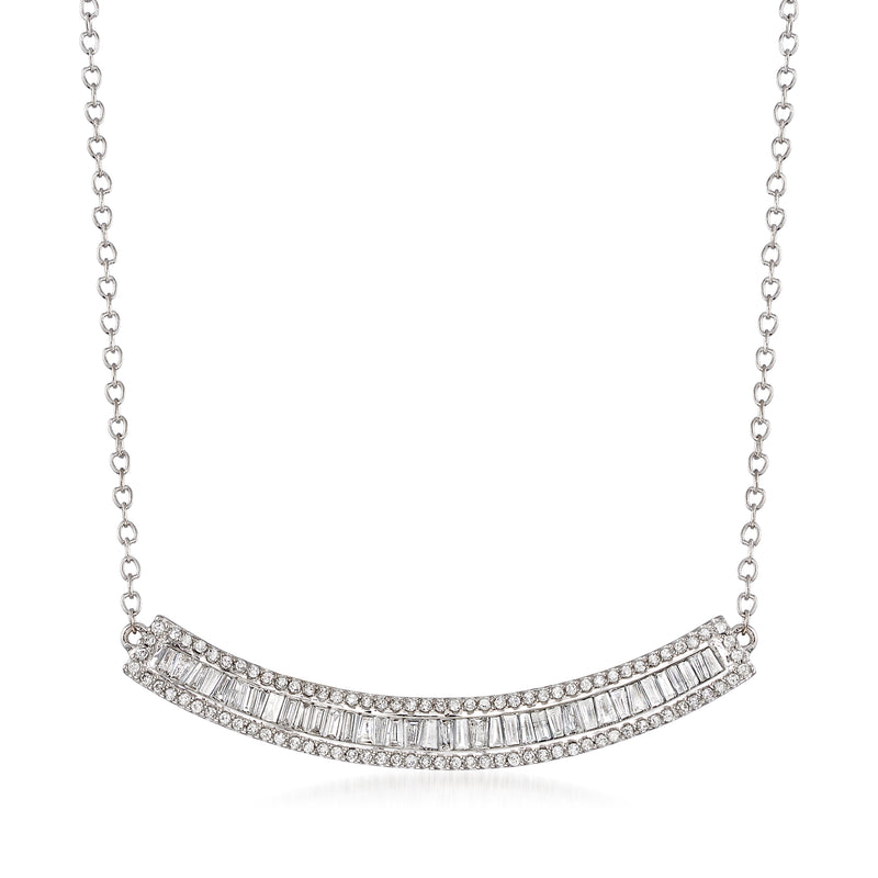 14kt white gold curved bar necklace with baguette and round diamonds, adjustable chain