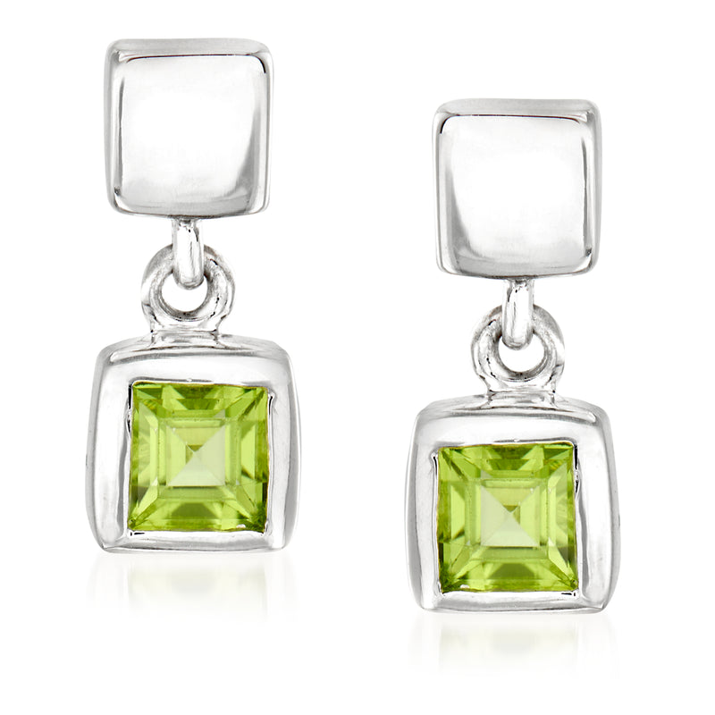 Sterling silver drop earrings with green peridot square stones and ice-cube dangles