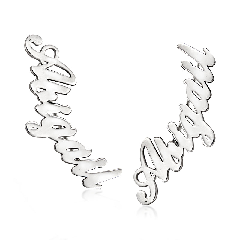 Sterling silver cursive name ear climber earrings, openwork script lettering