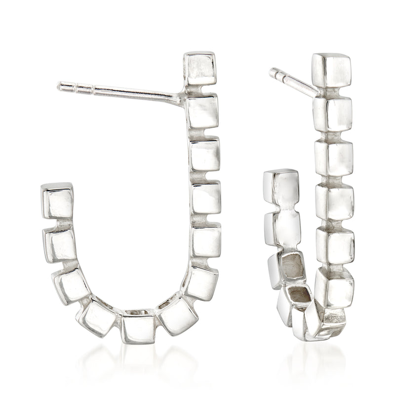 Sterling silver J-hoop earrings with rectangular ice-cube links, drop style.