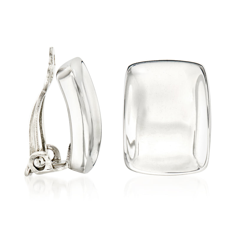 Sterling silver clip-on earrings, side view with hinged backing and smooth square shape