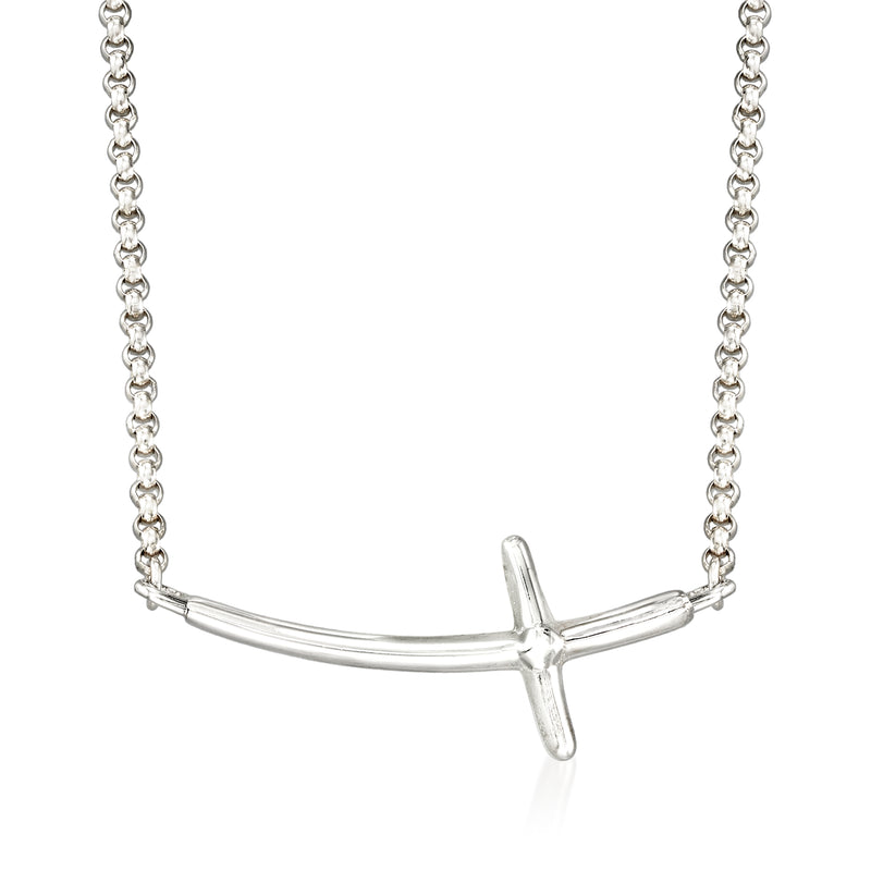 Sterling silver sideways cross necklace with curb chain and bar cross pendant