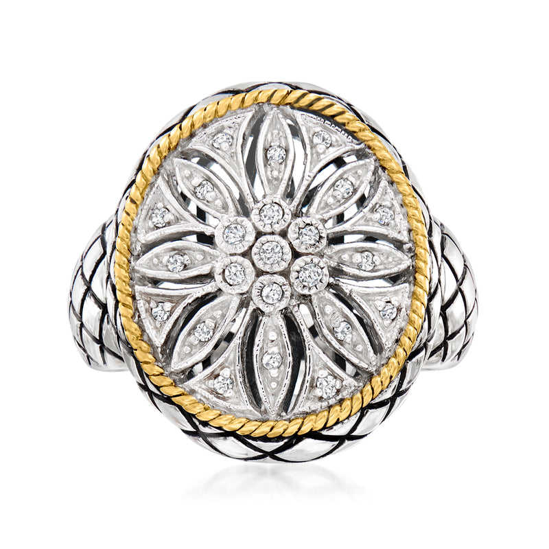 Sterling silver diamond flower ring with black enamel lattice and 18kt gold rope edge