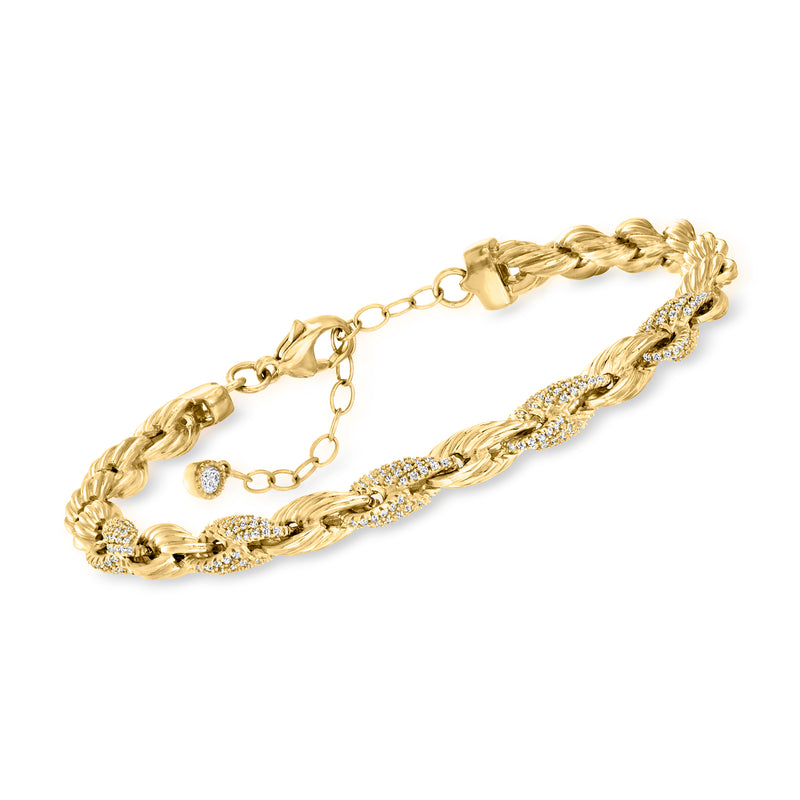 Roped CZ bracelet in gold over sterling with adjustable chain clasp