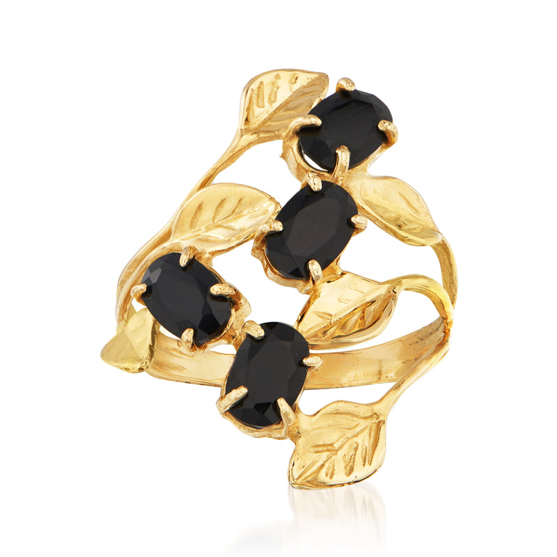 14kt yellow gold openwork leaf ring with black onyx oval stones