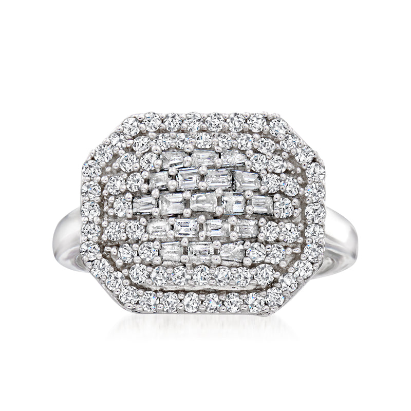 Sterling silver octagon diamond ring with baguette and round stones