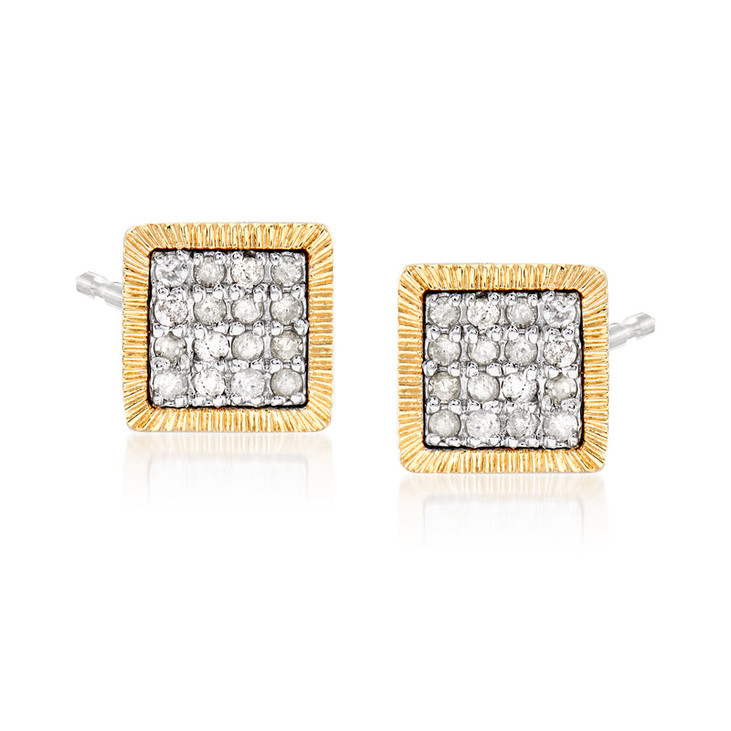 Square diamond cluster stud earrings, yellow gold frame with clear stones, sterling posts