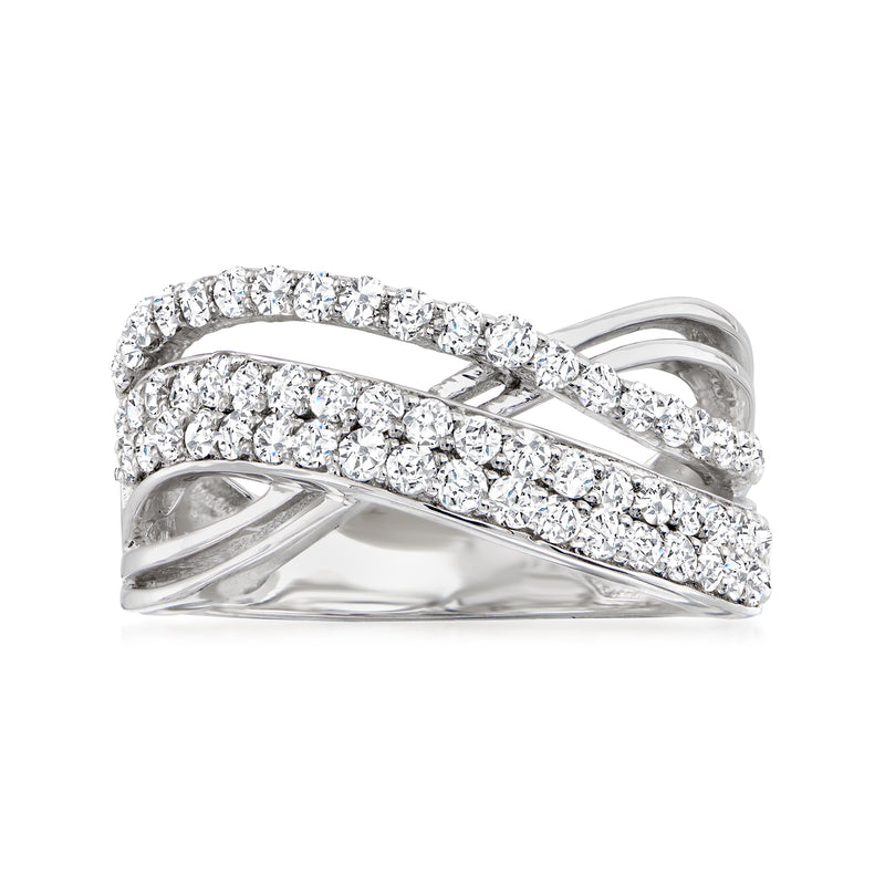 Sterling silver crisscross diamond ring with shimmering round-cut stones, polished band
