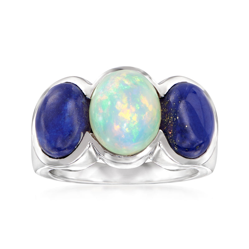 Sterling silver ring with round opal center and two blue lapis side stones