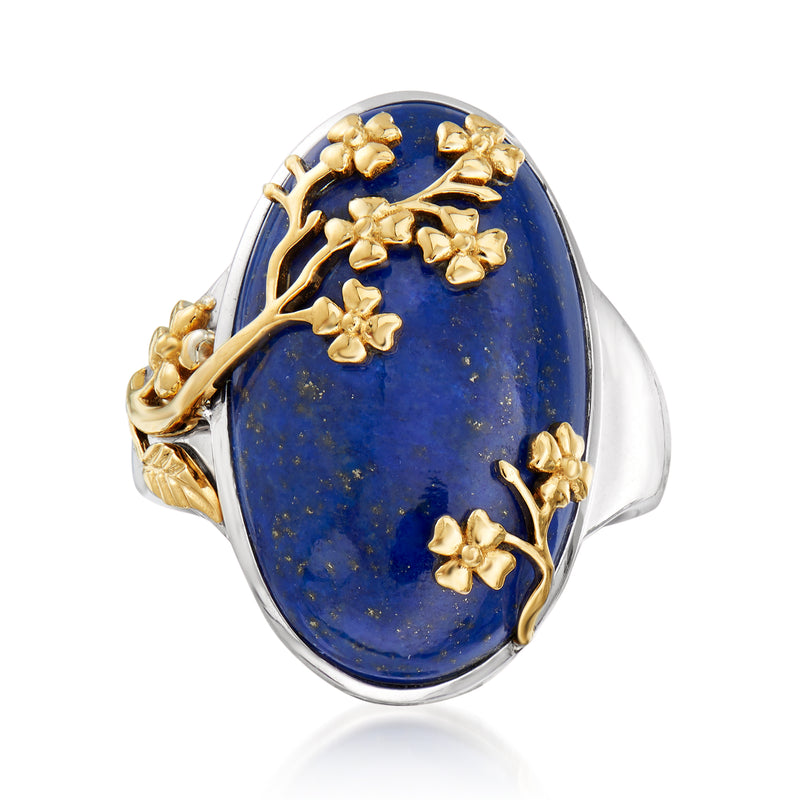 Oval lapis ring in sterling silver with 14kt yellow gold floral accents