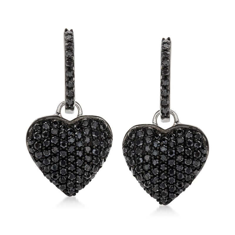 Black pave spinel heart drop earrings in sterling silver, hanging heart design