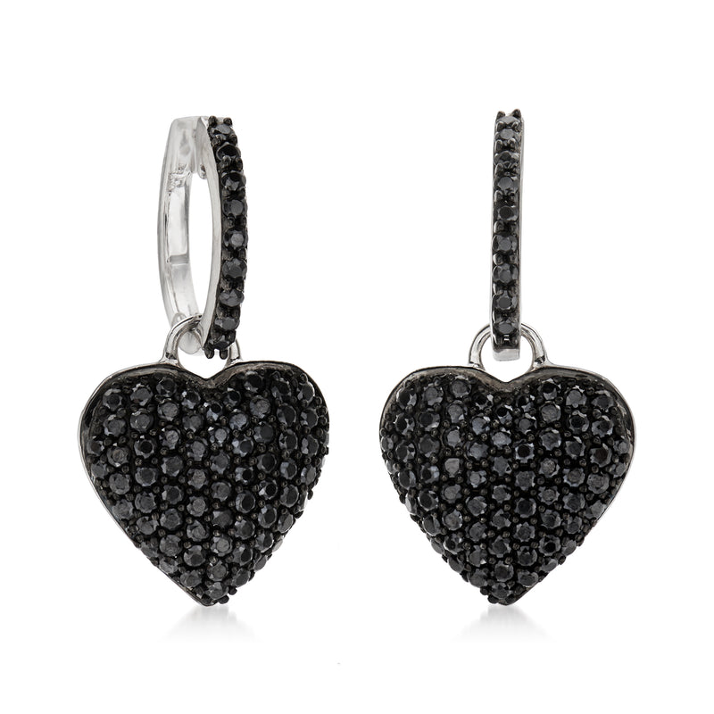 Sterling silver heart drop earrings with black pave spinel, hinged hoop view