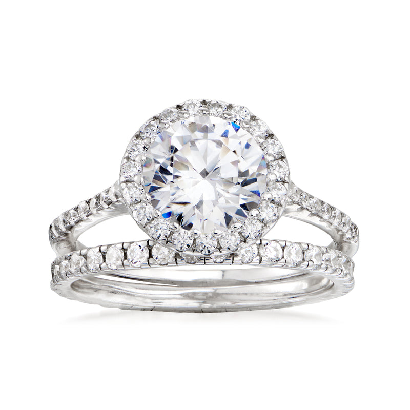Sterling silver CZ bridal ring set with round center stone and pavé band