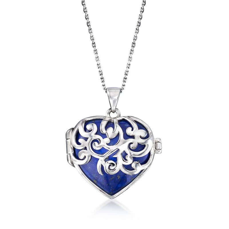 Sterling silver heart locket necklace with lapis blue center